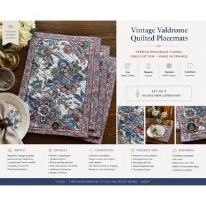 Vintage Valdrome France Quilted Placemats Set of 3 Red Blue Paisley Cotton